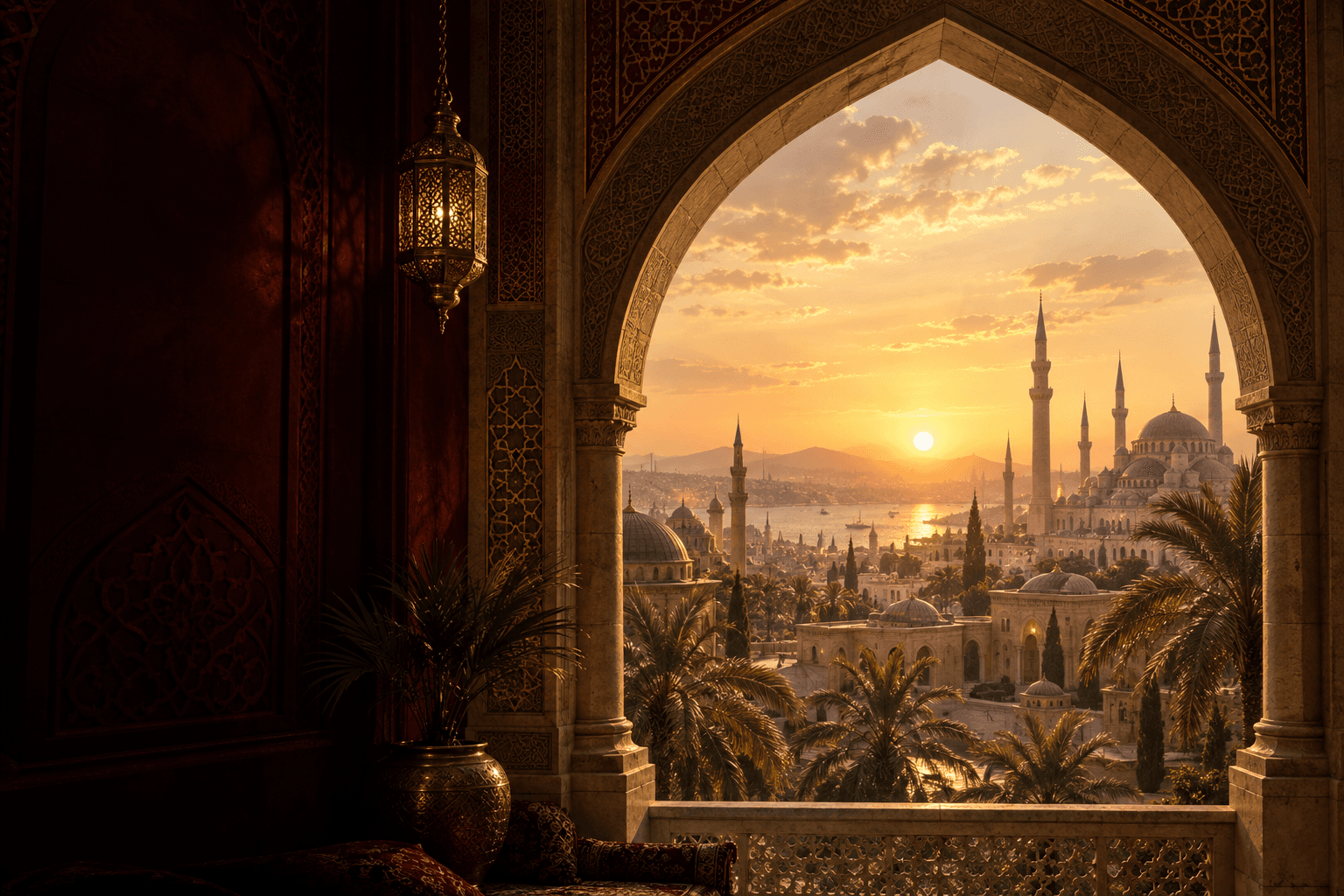 Ornate Islamic arch overlooking a sunlit city of domes and minarets